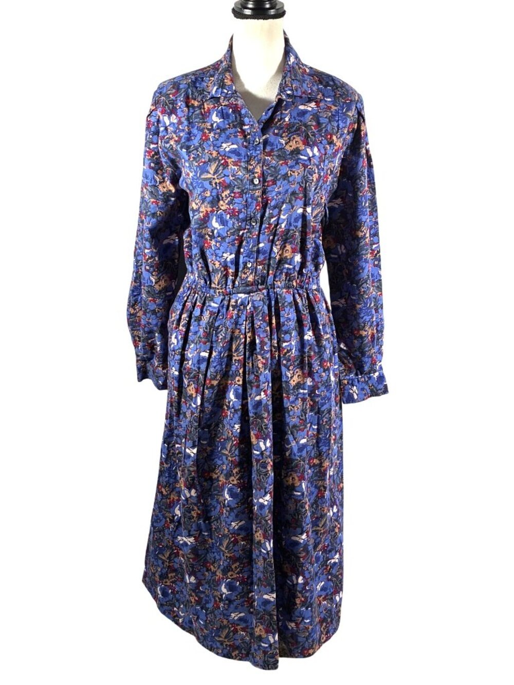 Vintage Liberty of London Blue Floral Long Sleeve Button-Up Dress Size 16